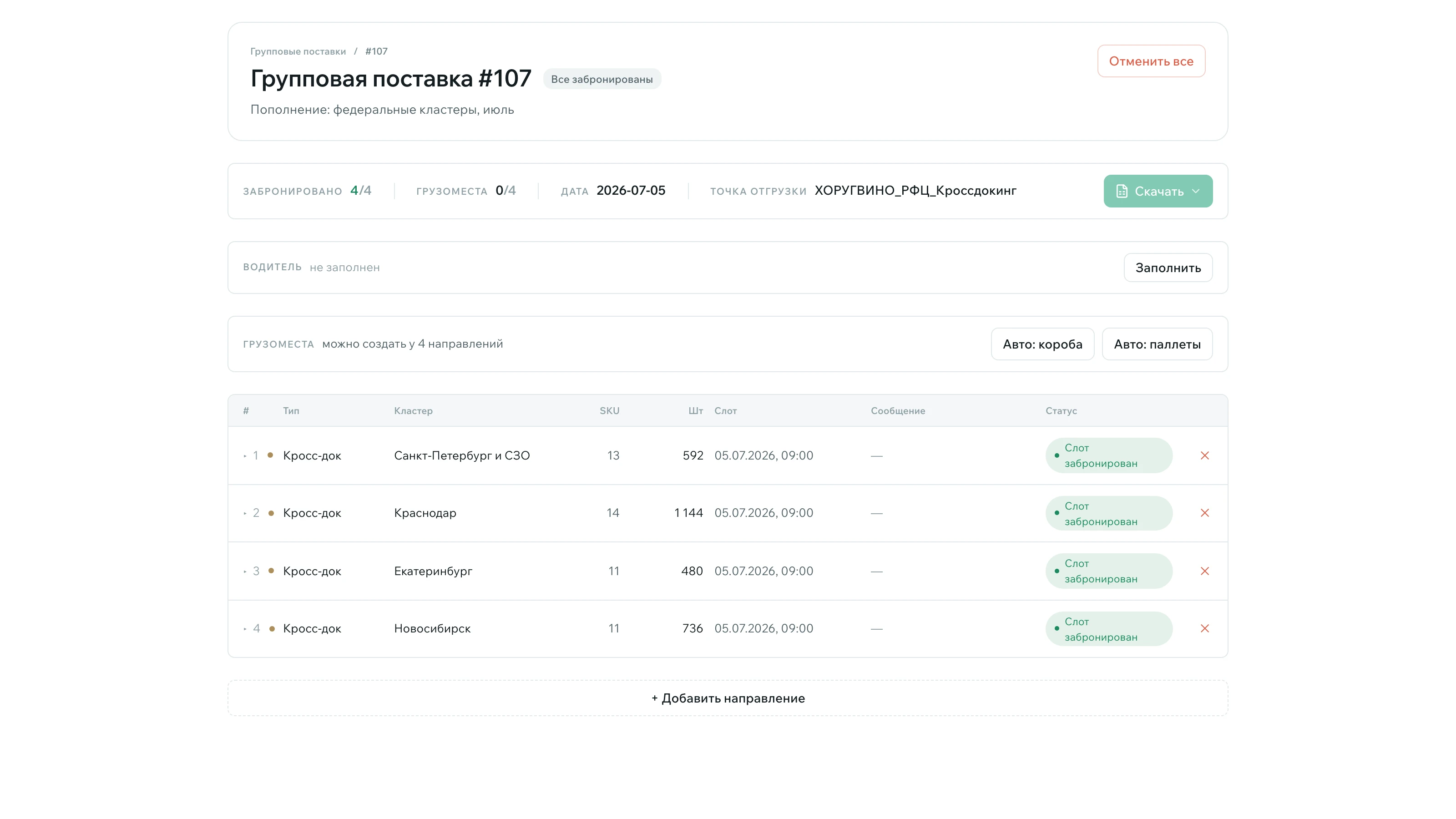 Экран Operesso: групповая поставка Ozon — направления по кластерам с забронированными слотами
